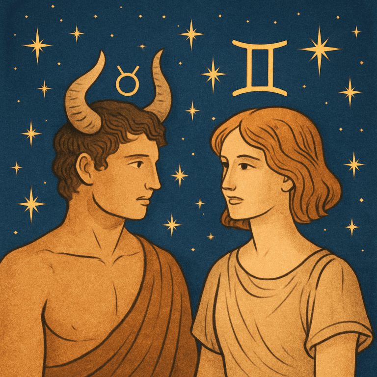 Illustration af Tyren- og Tvillingen-stjernetegn mødes omgivet af stjerner, symboliserer astrologisk kompatibilitet.