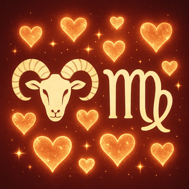 Illustration af Vædderens og Jomfruens stjernetegn omgivet af gnistrende hjerter, der symboliserer deres uimodståelige kemi.
