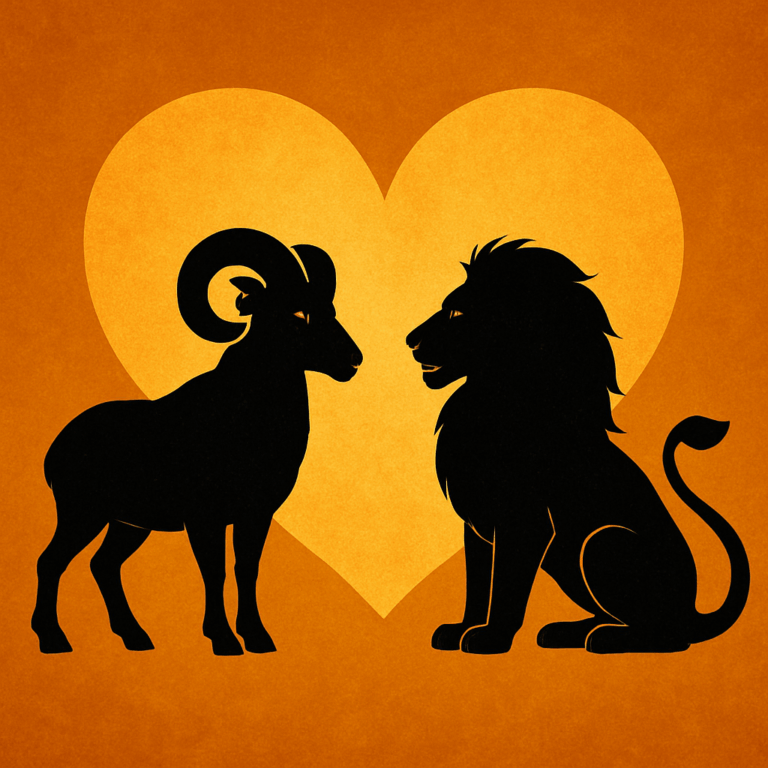 Silhuetter af en vædder og en løve foran et gyldent hjerte, symboliserer Vædderens og Løvens kærlighed og kompatibilitet.
