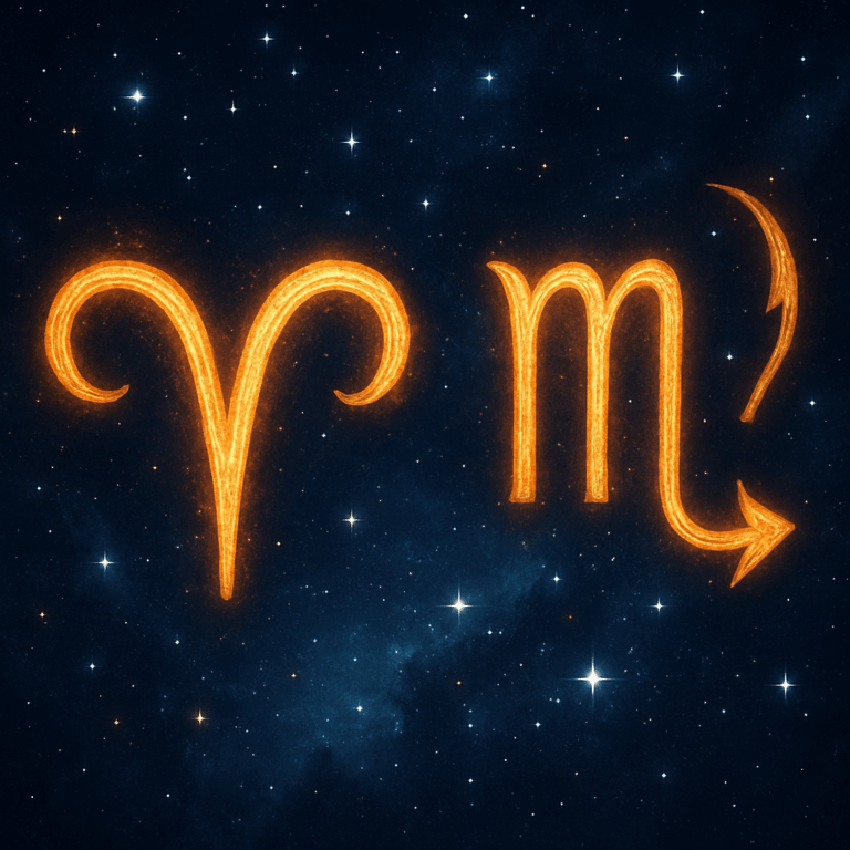 Astrologiske symboler for Vædderen og Skorpionen mod nattehimmel med stjerner, der understreger deres intense kemi og dynamik.