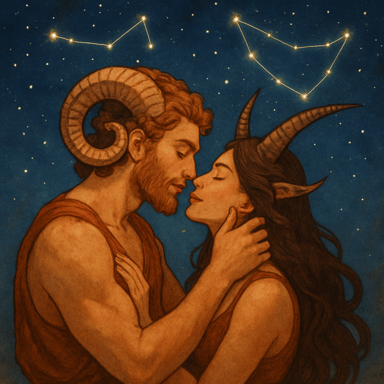 Illustration af Vædderen og Stenbukken i kærlighed, harmoni og passion under stjernehimlen