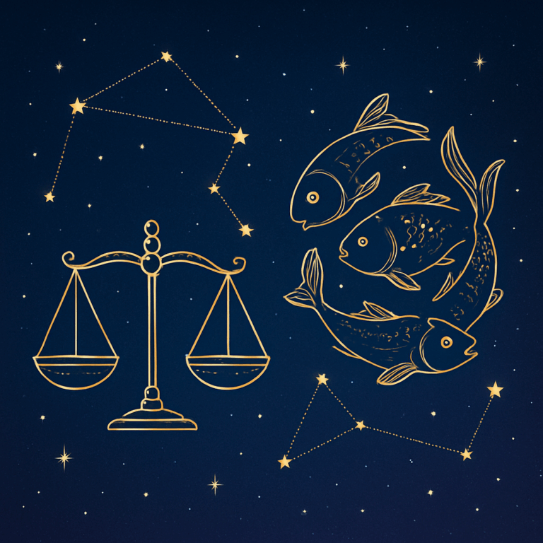 Grafisk illustration der viser, hvordan Vægten og Fisken passer sammen, med stjernetegnssymboler på stjernehimmel.