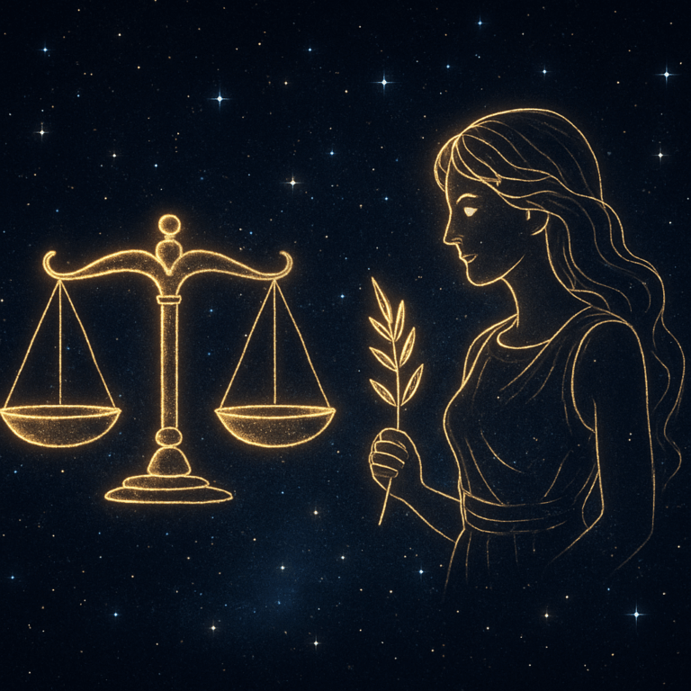 Stjernetegnssymboler for Vægten og Jomfruen i en stjerneklar baggrund, der symboliserer balance og harmoni.