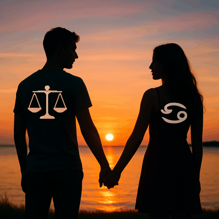 Par med Vægten og Krebsen, der holder hinandens hænder i solnedgang – symbol på, hvordan de to stjernetegn passer sammen.