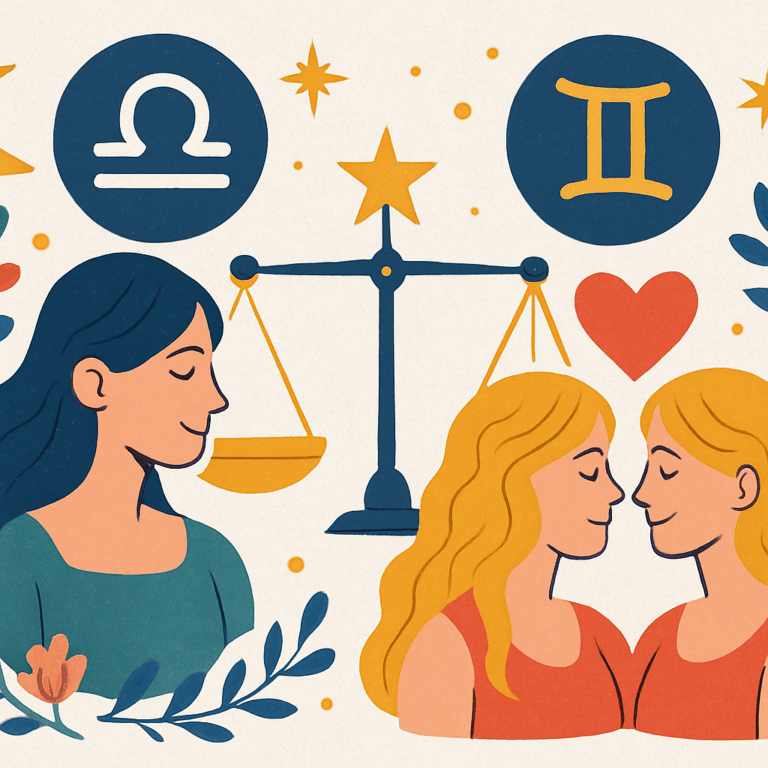 Illustration af Vægten og Tvillingen i astrologisk samspil med vægt- og tvillingesymbol, der viser balance, kommunikation og kærlighed.