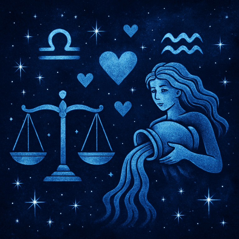 Illustration af Vægten og Vandmanden stjernetegn i kosmisk blå toner med stjerner og hjerter, symbol på kærlighedskompatibilitet.