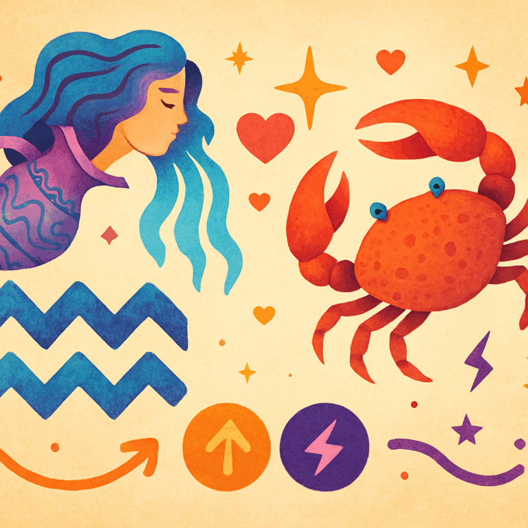 Illustration af stjernetegnene Vandmanden og Krebsen i farverige symboler, der afspejler deres astrologiske kompatibilitet, matchstyrker og udfordringer.
