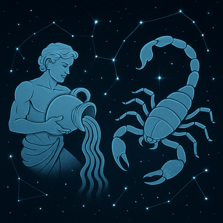 Vandmanden- og Skorpionen-stjernetegn omgivet af stjerner og konstellationer, der symboliserer deres kompatibilitet.