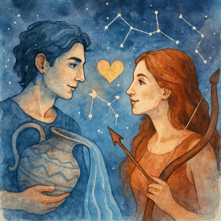 Akvarelillustration af Vandmanden og Skytten med stjerner og konstellationer, symboliserer kemi, kærlighed og kommunikation.