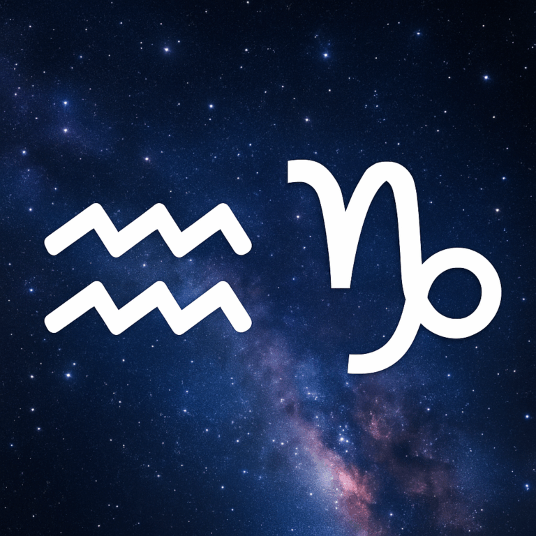 Symboler for Vandmanden og Stenbukken side om side foran en stjernehimmel, der illustrerer, hvordan de passer sammen.