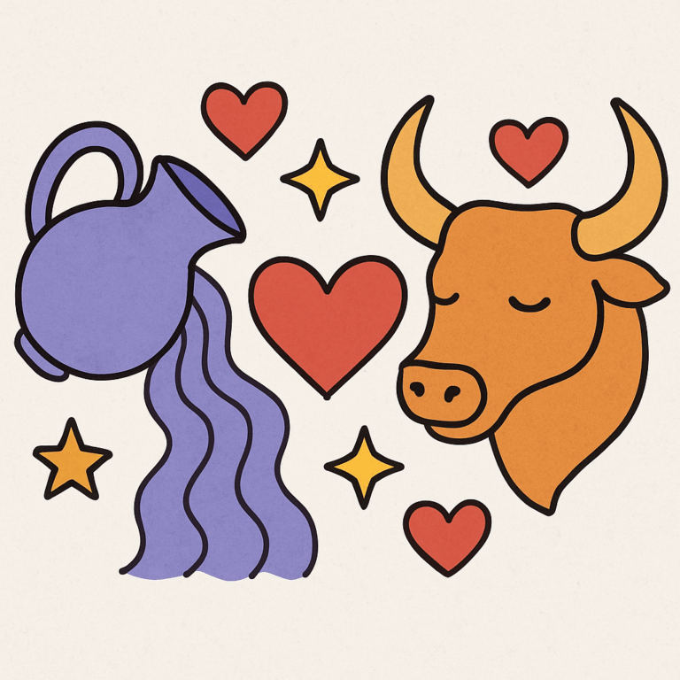 Illustration af symbolerne for Vandmanden og Tyren flankeret af hjerter og stjerner, der understreger deres kompatibilitet og forholdstips.