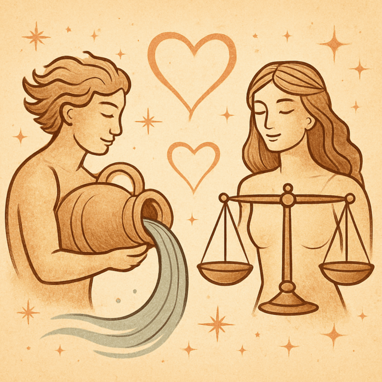 Illustration af stjernetegnene Vandmanden med vandkar og Vægten med vægtskål i harmoni symboliserer perfekt match