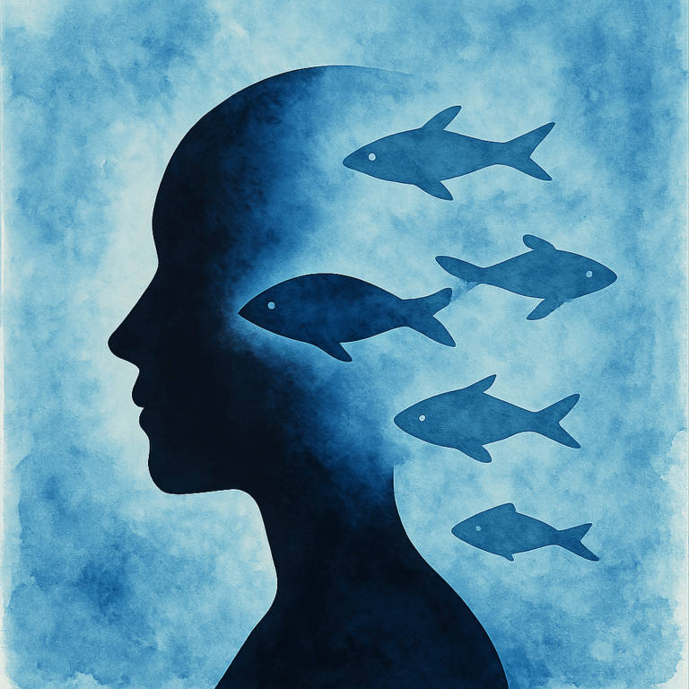 Silhuet foran akvarelblå baggrund med fisk, symbol på følelser og kreativ intuition hos Fisk i Ascendant