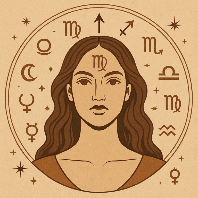 Illustration af kvinde med Jomfru i ascendant omgivet af stjernetegn og astrologiske symboler