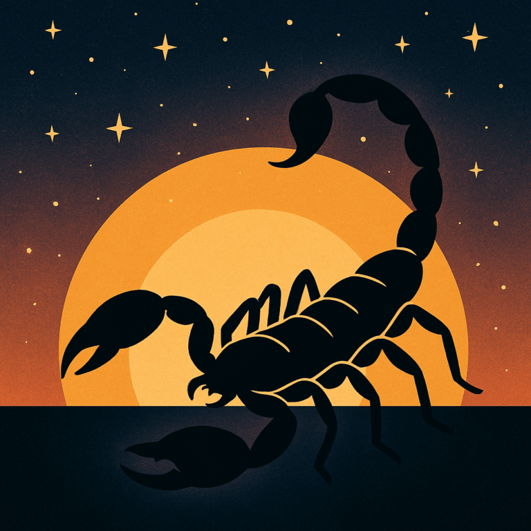 Stiliseret skorpion foran en stigende sol og stjernehimmel som symbol på Skorpion i ascendant