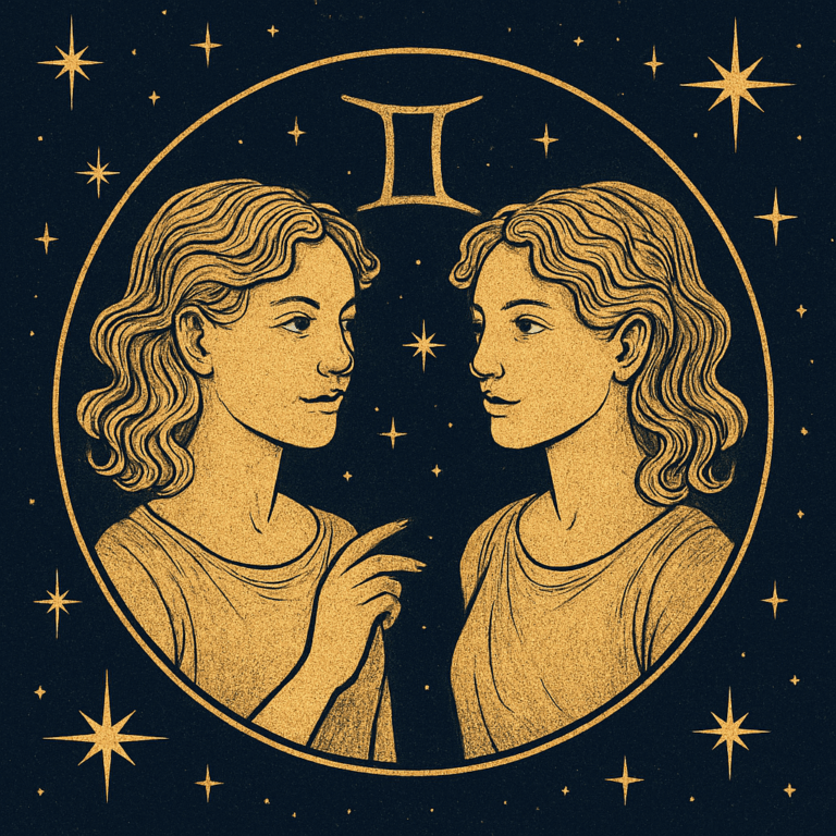 Tvilling i ascendant symboliseret af astrale tvillinger omgivet af stjerner, der repræsenterer nysgerrighed og kommunikation