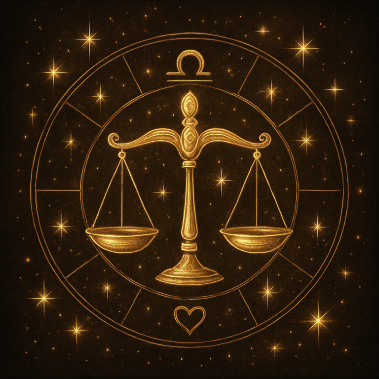 Gylden illustration af en Vægt i ascendant med balancevægte i et stjernehjul omgivet af glimtende stjerner, symboliserer harmoni og kærlighed