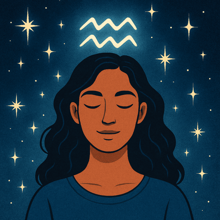 Illustration af en person med Vandmandens stjernetegn over hovedet omgivet af stjerner, symboliserer ascendantens styrker