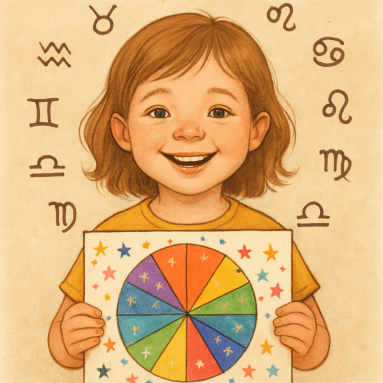 Smilende barn med farverigt stjernekort og astrologiske symboler til personligt børnehoroskop