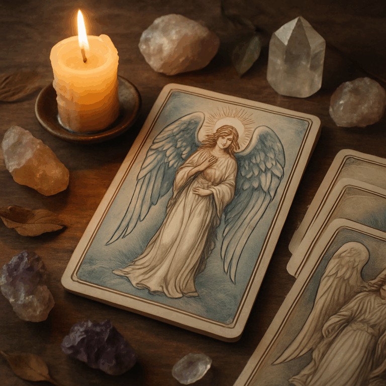 Englekort på bord med detaljerede illustrationer, stearinlys og krystaller – symboliserer spirituel vejledning og daglige budskaber