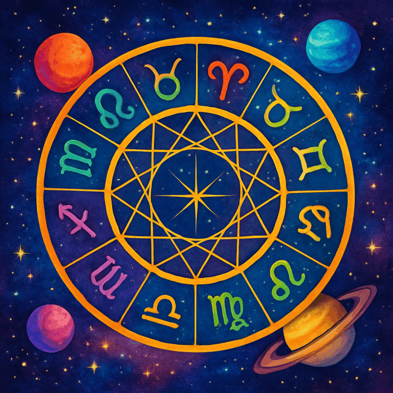 Farverig illustration af fødselshoroskop med zodiaksymboler, stjernehimmel og planeter, der fremhæver skæbne- og personlighedstræk