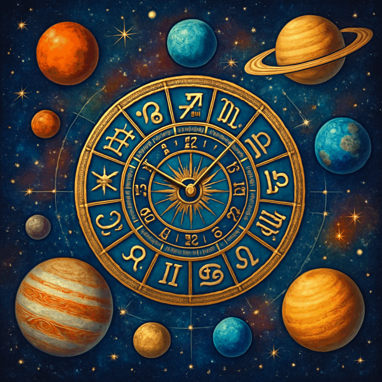 Farverigt stjernekort med planeter og urskive, der symboliserer et gratis horoskop baseret på dit fødselstidspunkt