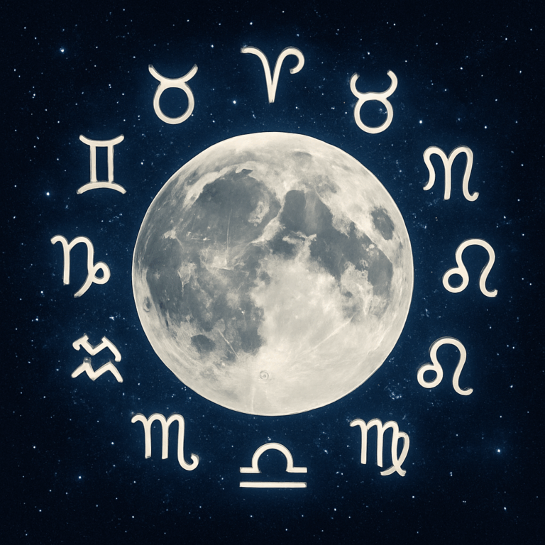Illustration af en sølvmåne omgivet af astrologiske zodiaktegn mod en stjerneklar nattehimmel, der symboliserer dit månetegn