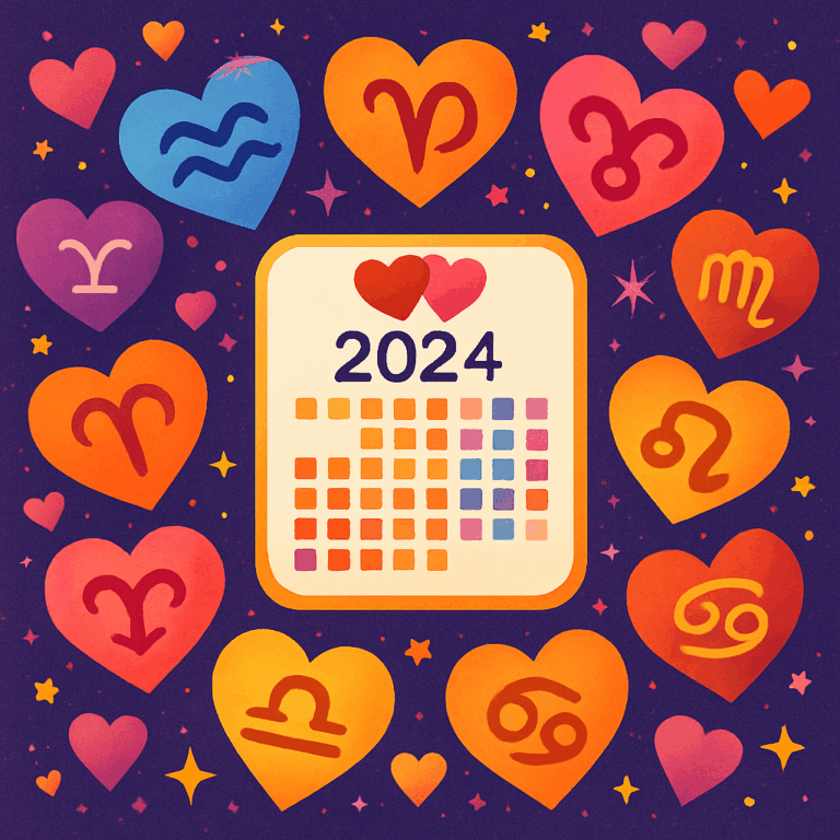 Farverig illustration med astrologiske stjernetegn formet som hjerter omkring en 2024-kalender, der symboliserer parhoroskop og kærlighedsmatch.