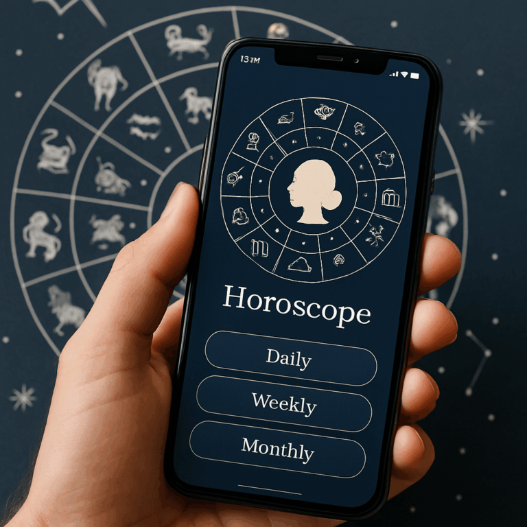Stjernetegn og smartphone med personligt horoskop, der viser daglige, ugentlige og månedlige horoskoper