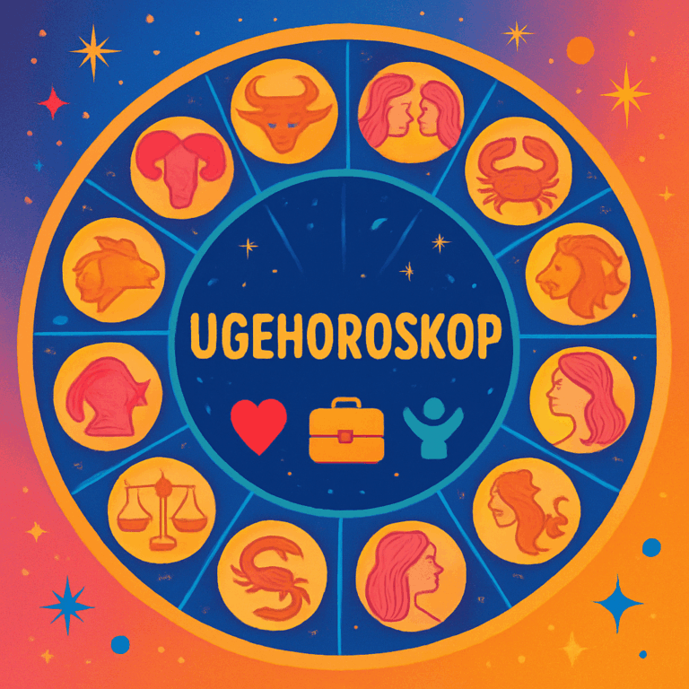 Farvestrålende illustration af en ugehoroskop-prognose med stjernetegn for kærlighed, karriere og velvære